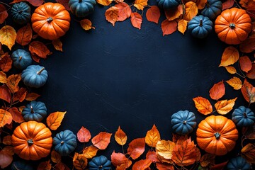 Halloween-themed flat lay with pumpkins and autumn leaves on a black background, ideal for seasonal promotions or events with copy space.