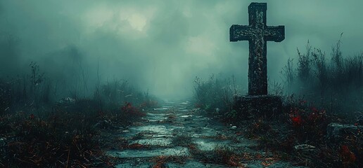 Fototapeta premium A spooky abandoned cemetery with an old Celtic cross gravestone, evoking Halloween horror and mystery, perfect for themed events and designs, with copy space.