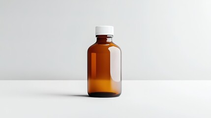 Brown glass bottle with white cap on a minimalistic white background