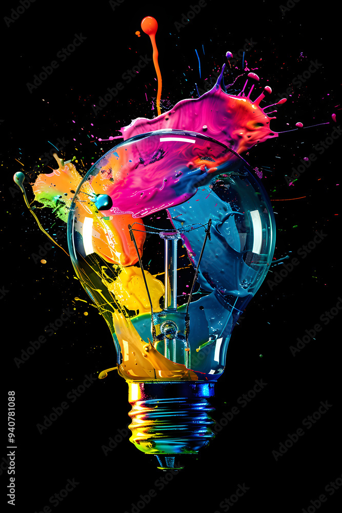 Poster a colorful light bulb with splashes of paint. creativity and innovation in design. the background is