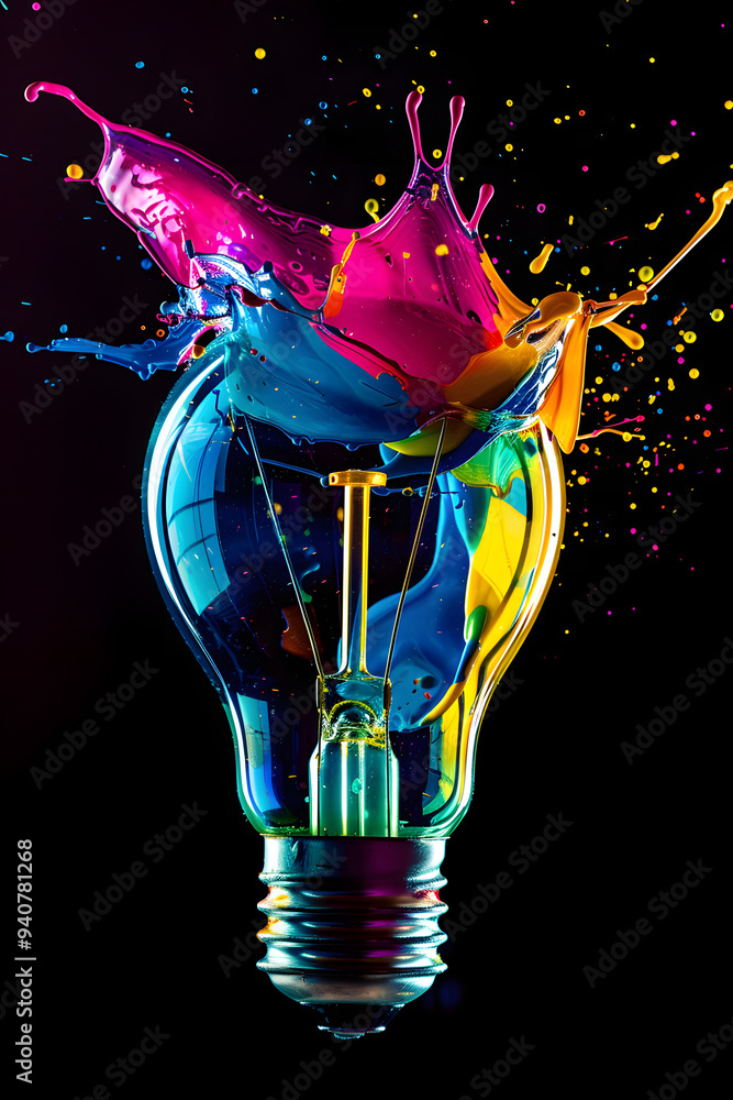 Poster a colorful light bulb with splashes of paint. creativity and innovation in design. the background is