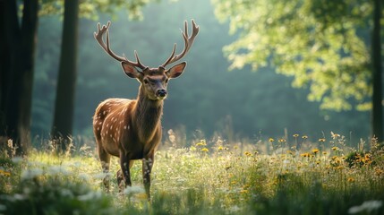 Obraz premium A young red deer stag stands among wildflowers in a sunlit German meadow, embodying nature's beauty.