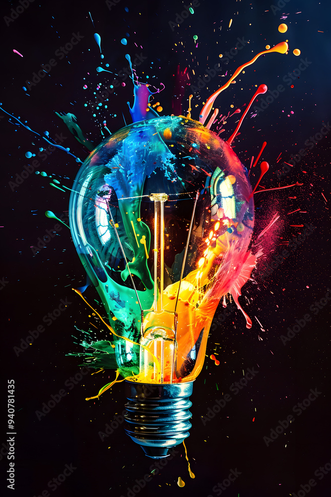 Poster a colorful light bulb with splashes of paint. creativity and innovation in design. the background is