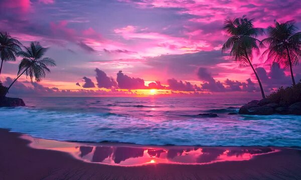 A stunning sunset over the ocean with palm trees on the shore The sky is a vibrant pink and purple, and the water is a deep blue The sun is setting ov