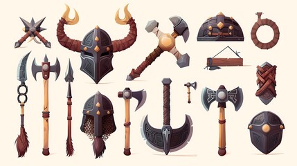A cartoon and 3d realistic of the fantasy gaming props with helmet, hammer, battle axe, morning star and spear for game of antique,  Generative AI illustrations. 