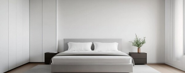 Minimal bedroom with a monochromatic color scheme and simple furniture, modern simplicity, elegant design