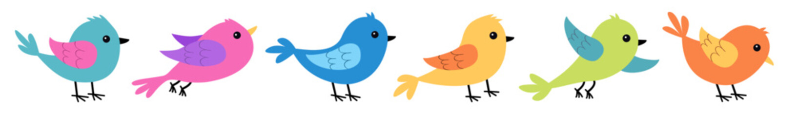 Cute bird icon set line. Kawaii cartoon funny baby character. Different birds collection. Decoration element. Colorful sticker print. Childish style. Flat design. Isolated. White background. Vector