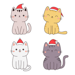Merry Christmas cat icon set. Kitten face. Red Santa Claus hat. Contour line doodle. Different color, emotions. Cute cartoon kawaii funny character. Sticker print. Flat design. White background Vector
