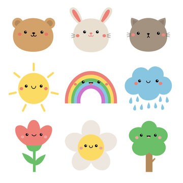 Bear, bunny rabbit, cat kitten, sun, rainbow, raining cloud, tulip daisy chamomile flower, tree. Cute kawaii cartoon icon set. Funny face head. Childish style. Flat design. White background. Vector