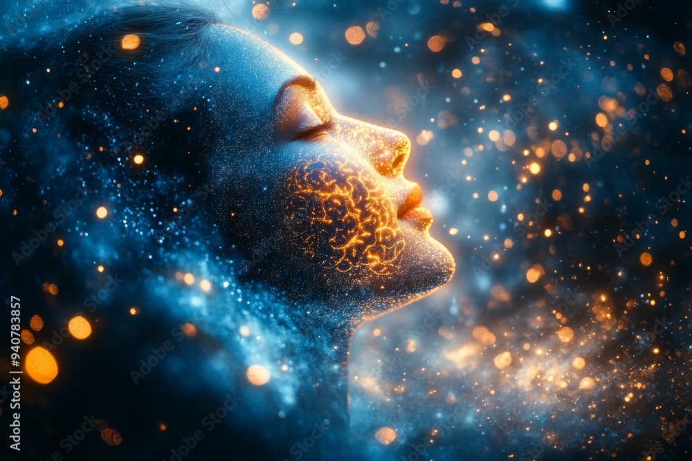 Poster abstract art of a woman’s face dissolving into particles symbolizing the connection between the cosm