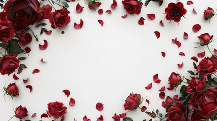 Fresh red roses and scattered petals creating a beautiful frame on a white surface.