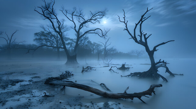 A desolate beach littered with driftwood and tidal pools under a misty dawn sky 