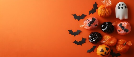 Festive Halloween candy wrapped in ghost bat and pumpkin designs for a photography concept  The image offers a vibrant colorful and textured backdrop with ample copy space for text overlay