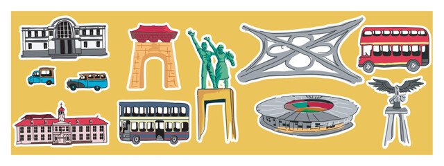 vector set of landmark cities, monuments, and transportation