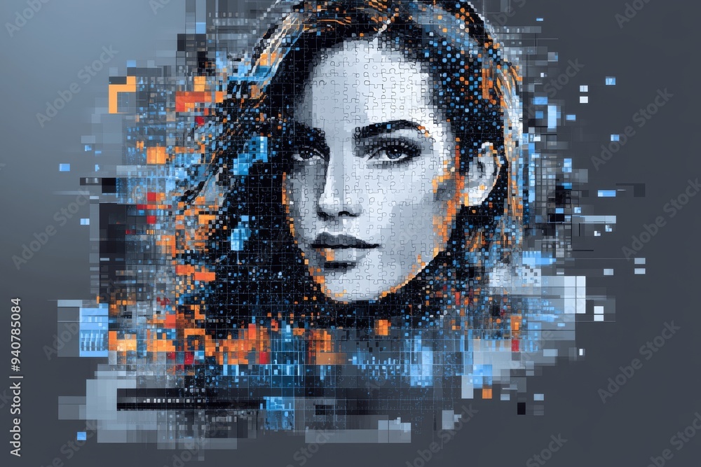 Poster modern abstract portrait of a woman’s face constructed from puzzle pieces and pixels symbolizing the