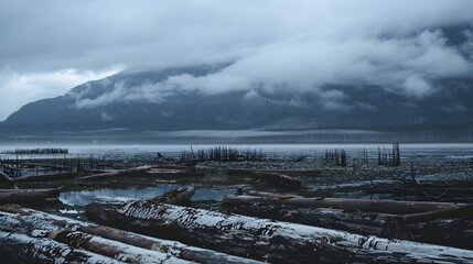 A desolate beach littered with driftwood and tidal pools under a misty dawn sky 