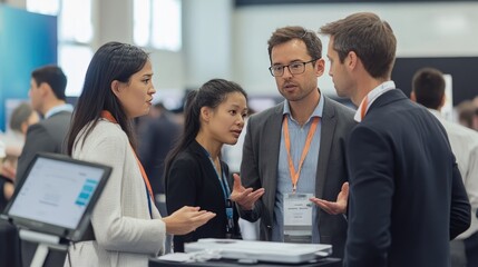 Fototapeta premium Active Discussions and Product Interactions in the Product Demo Area of a Conference