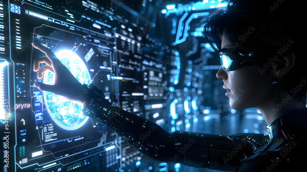 Aufkleber a determined scientist presents her findings in front of a holographic display in a futuristic labor