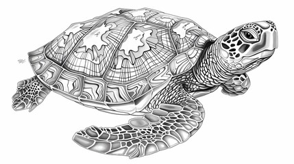 Fototapeta premium Illustrations of a turtle with patterned skin, thick lines, low details, no shading, no greys, no shadows, black and white, Generative AI illustrations. 