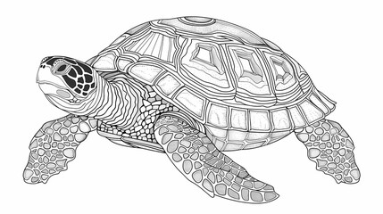 Illustrations of a turtle with patterned skin, thick lines, low details, no shading, no greys, no shadows, black and white, Generative AI illustrations. 