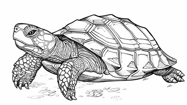recommend clip art: Illustrations of a turtle with patterned skin, thick lines, low details, no shading, no greys, no shadows, black and white, Generative AI illustrations. 