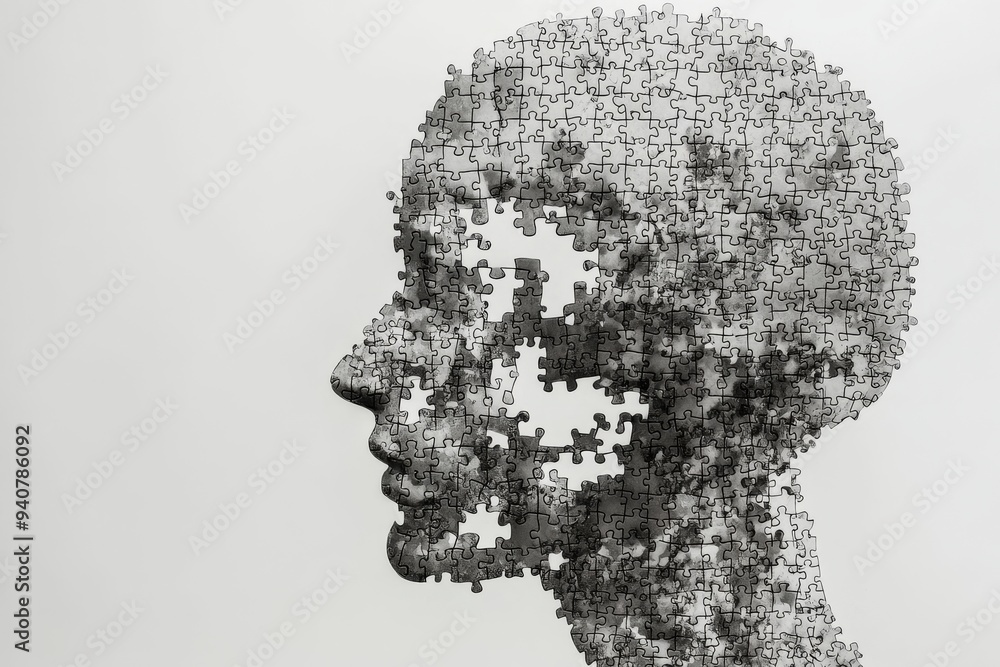 Poster minimalist profile of a man with a brain dissolving into tiny particles symbolizing the fading of me