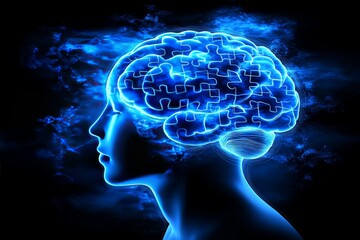 Glowing digital brain made of puzzle pieces symbolizing the brilliance of human intellect problem solving abilities and the innovative nature of cognitive function in a futuristic setting
