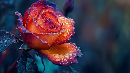  A red rose, petals dotted with water droplets, against a backdrop of a verdant plant
