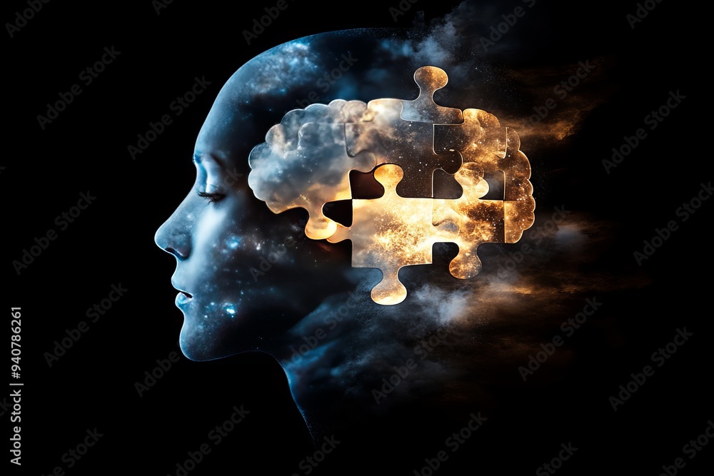 Poster digital profile of a woman with a glowing brain shaped puzzle piece symbolizing the power of thought