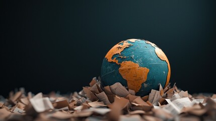 Abstract image of a digital globe surrounded by policy documents, concept of global economic governance