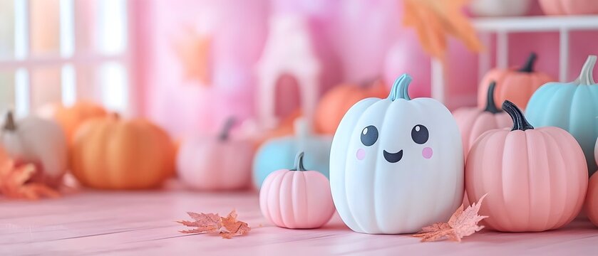 Delightful Halloween themed decor with a whimsical and pastel colored display of pumpkins ghosts and other festive accents creating a cozy and inviting atmosphere for autumn and parties