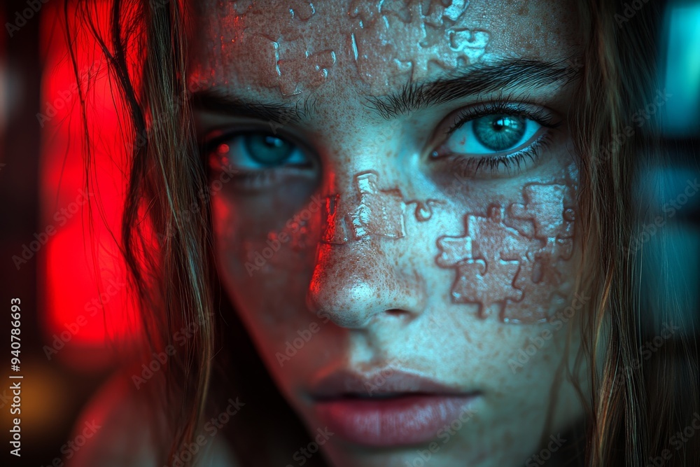 Poster close up of a woman with a face partially obscured by digital puzzle pieces symbolizing the impact o