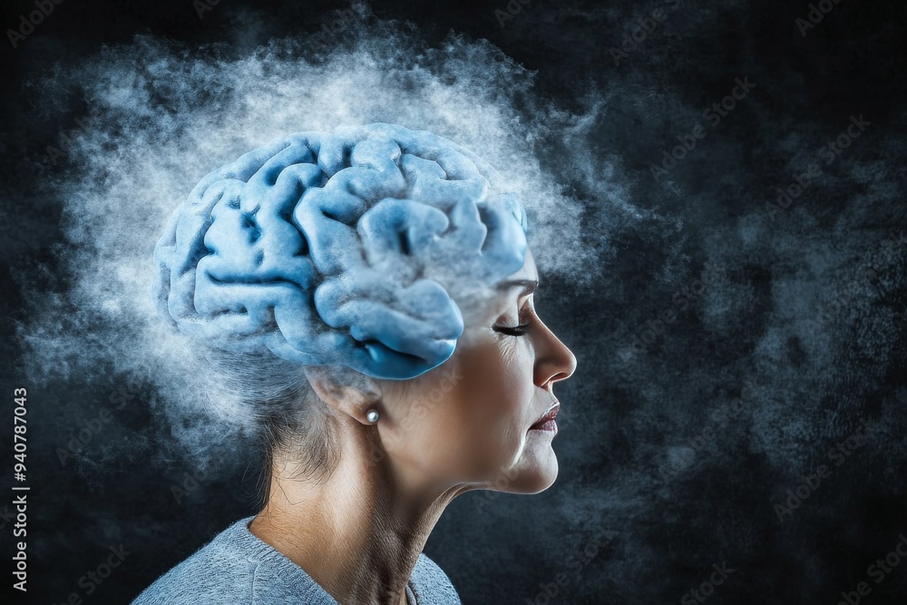 Poster profile of a woman with a brain made of swirling clouds representing the fluidity of thoughts mental