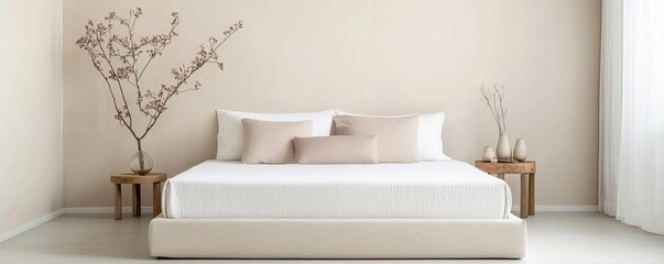 Minimal bedroom with a low bed and a few well-chosen decor items, understated elegance, modern design