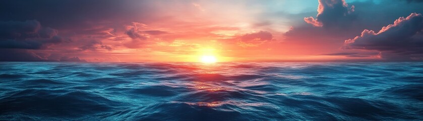 Fototapeta premium Futuristic ocean with glowing neon water, sunlight shimmering across the surface, detailed sky with digital clouds