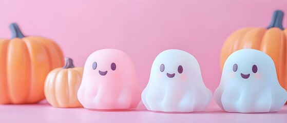 Pastel Colored Kawaii Style Halloween Party Invitation Cards Featuring Whimsical Ghosts and Pumpkins  Cute and Festive Seasonal Decor for October