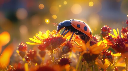  A ladybug atop a flower, amidst a sea of yellow and red blooms