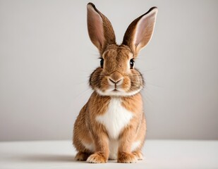 Curious rabbit sitting upright on a wooden surface against a soft beige background in indoor setting