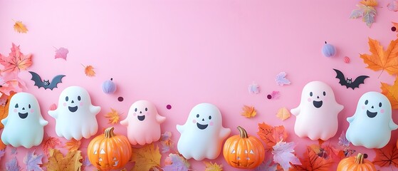 Fototapeta premium Kawaii Halloween Party Invitations with Pastel Colored Ghosts and Pumpkins Photography Concept Festive and Whimsical Background with Copy Space for Text