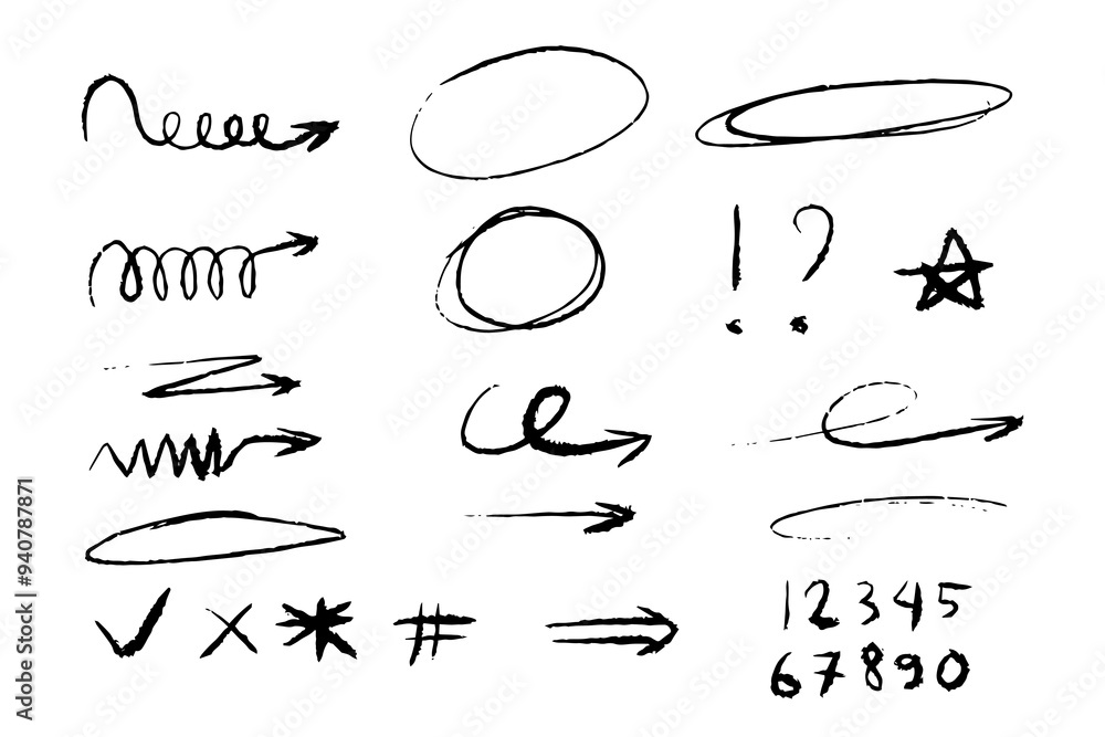 Poster hand drawn circle and arrow line for highlighting text. rounds bubbles set doodle sketch symbols on 