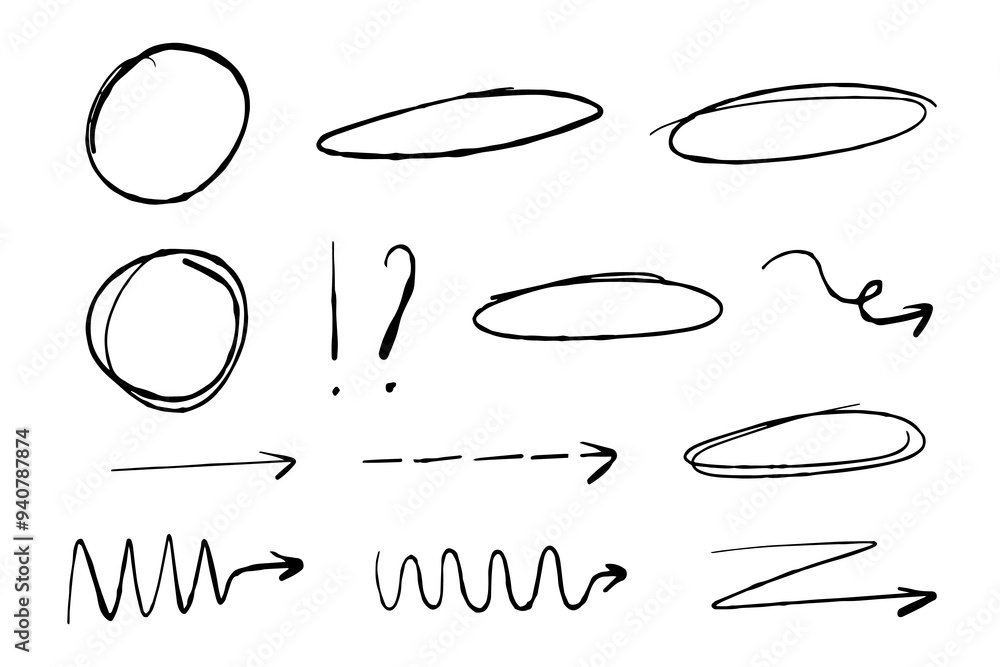 Poster hand drawn circle and arrow line for highlighting text. bubbles rounds set doodle sketch symbols on 