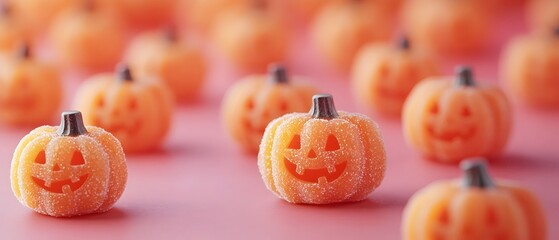 Miniature orange candy shaped like tiny jack o  lanterns on a pink background with copy space for text  Halloween festive photography concept