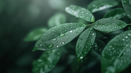 Fototapeta premium A tight shot of a wet, green leaf, adorned with water droplets, against a softly blurred backdrop of similar leaves and water-speckled foliage