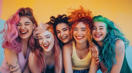 Fototapeta premium Five happy diverse young women with colorful dyed hair laughing together against a bright yellow background.