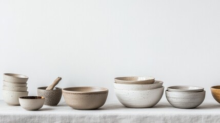 Kitchenware including a cupboard and bowls are arranged on a table against a white backdrop, leaving ample space for text. This setting evokes the concept of home kitchen decor.