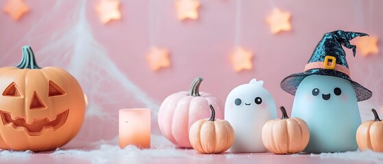 Fototapeta premium Cute and whimsical kawaii style Halloween characters dressed in pastel costumes gathered around pumpkin lanterns and other festive to celebrate the spooky season