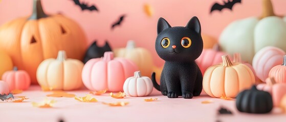 Fototapeta premium Kawaii Halloween featuring Pastel Colored Pumpkins and Adorable Black Cats in a Minimalist Cozy and Enchanting Setting