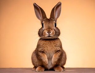 Obraz premium Curious rabbit sitting upright on a wooden surface against a soft beige background in indoor setting