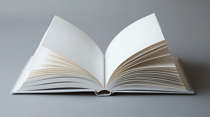 Fototapeta premium A blank, white book open with pages fanned out on a gray background.