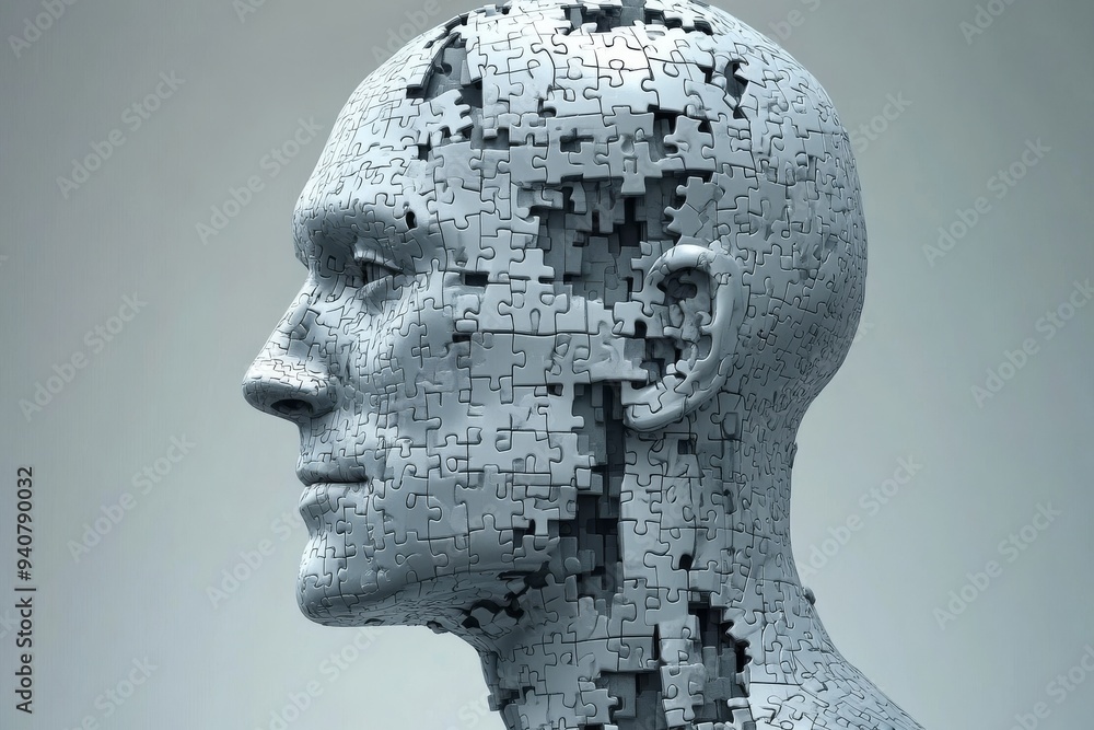 Aufkleber abstract sculpture of a human head made of puzzle pieces symbolizing the deconstruction of identity 